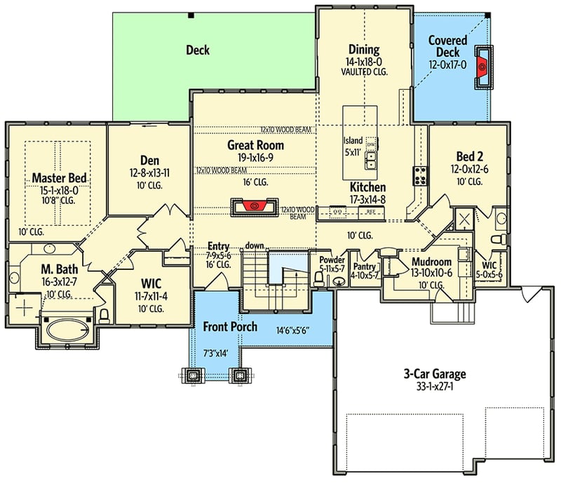 Plan 95039RW: Craftsman House Plan with Striking Entry Porch - Floor Plan - Main Level - Craftsman, Mountain, New American, Northwest, Rustic