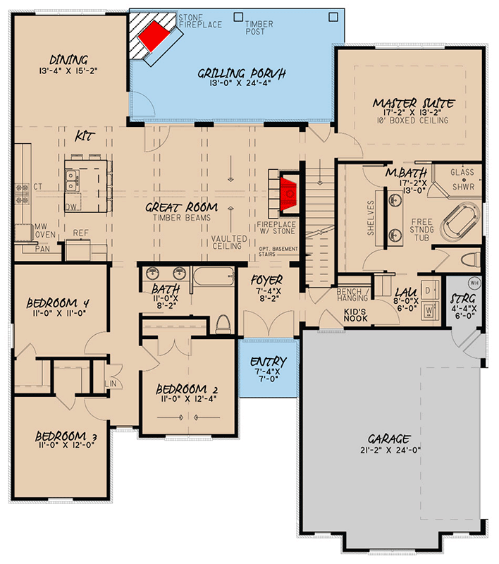 Plan 70557MK: European House Plan with Bonus Room - Floor Plan - Main Level - Country, European, French Country, Southern
