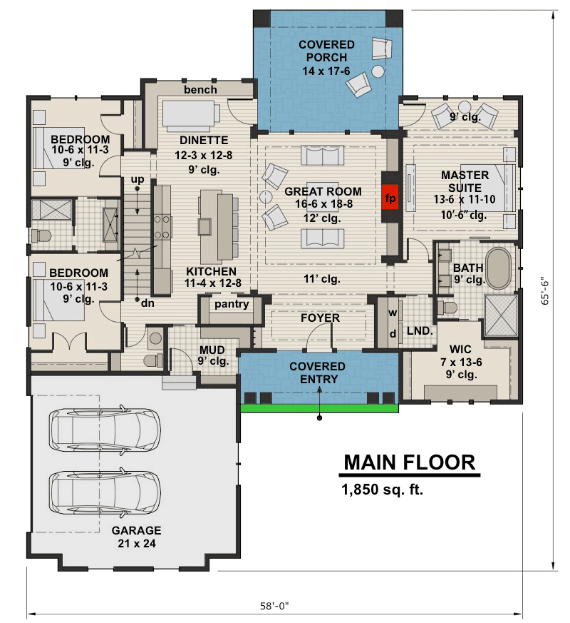 Plan 14656RK: Highly-Detailed Craftsman Home Plan with Bonus Suite Over Garage - Floor Plan - Main Level - Bungalow, Craftsman, Northwest