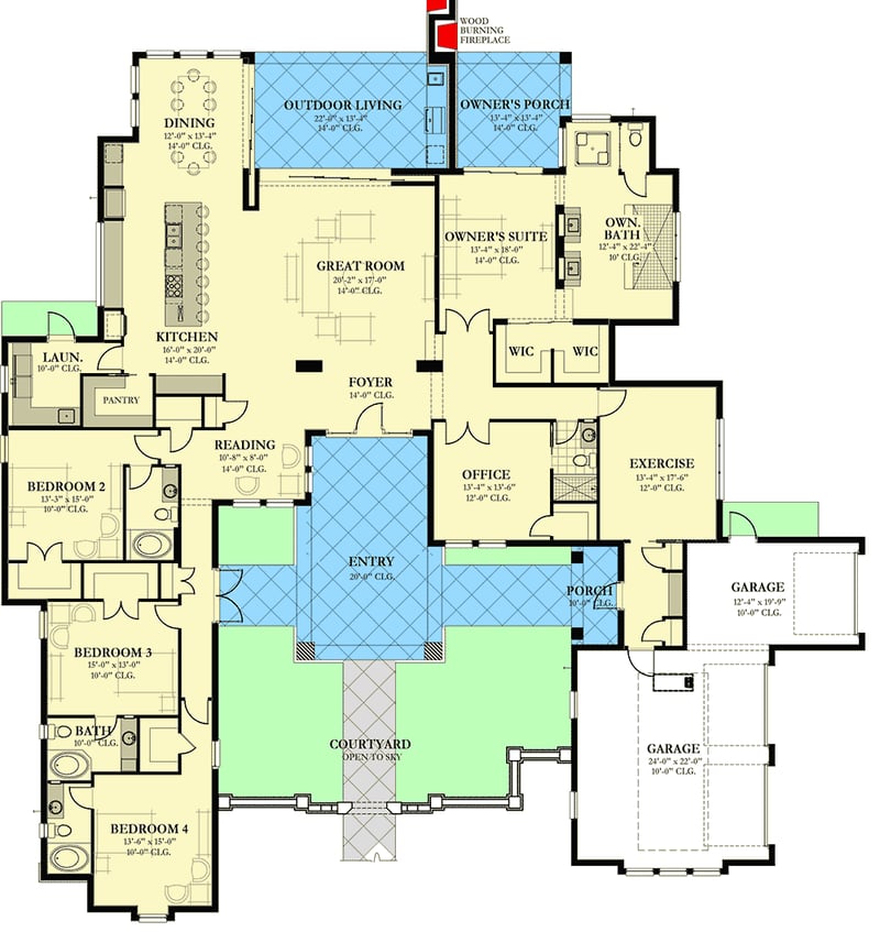 Plan 82222KA: Southern House Plan with Private Front Courtyard and Exercise Room - Floor Plan - Main Level - Southern, Traditional