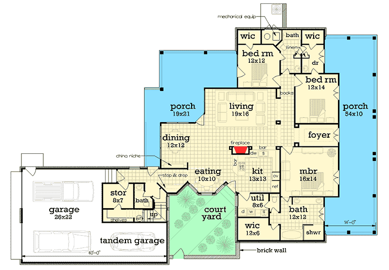 Plan 55192BR: Grand Southern Design with 3 Beds and Private Courtyard  - Floor Plan - Main Level - Southern