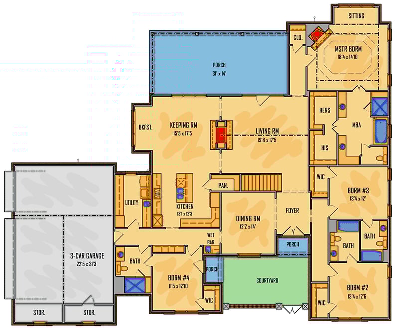 Plan 510008WDY: Gracious European House Plan with Front Courtyard - Floor Plan - Main Level - Acadian, Country, European, French Country, Southern, Traditional