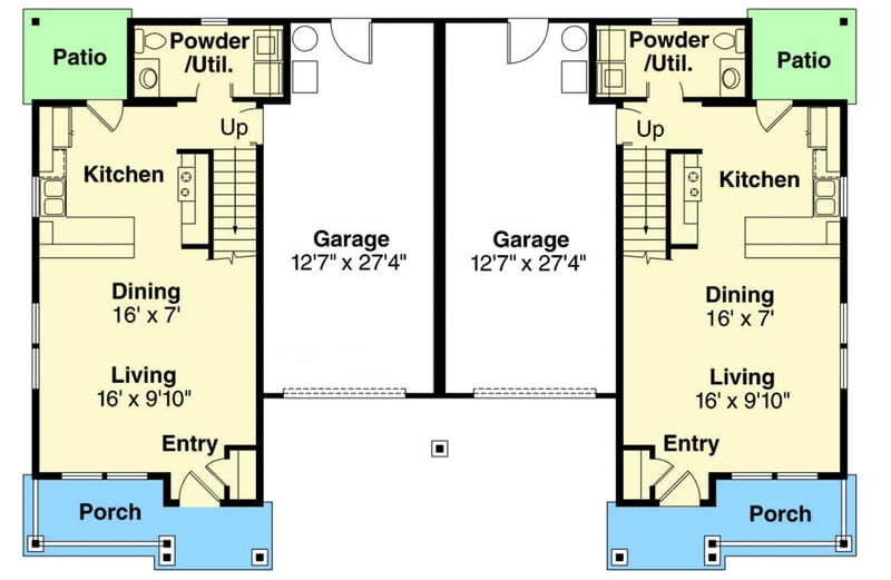 Plan 72897DA: Two-Story Duplex House Plan with Symmetrical Units - 1045 Sq Ft Per Unit - Floor Plan - Main Level - Craftsman, New American, Traditional