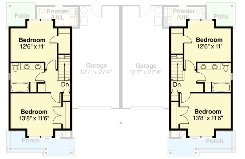 Plan 72897DA: Two-Story Duplex House Plan with Symmetrical Units - 1045 Sq Ft Per Unit - Floor Plan - 2nd Floor - Craftsman, New American, Traditional