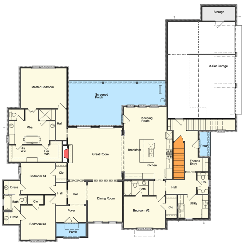 Plan 510011WDY: Transitional Farmhouse Plan with 4 to 5 Bedrooms - Floor Plan - Main Level - Basement Stair Location - Acadian, Country, European, Farmhouse, Louisiana-Style, Modern Farmhouse, New American, Southern, Traditional, Transitional
