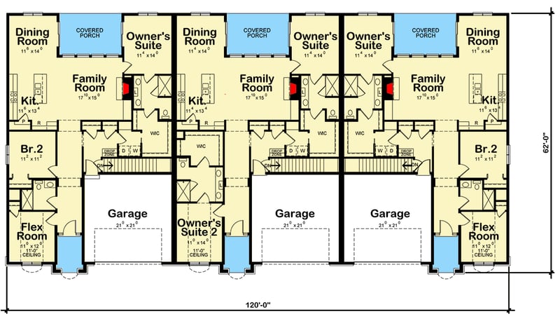 Plan 42511DB: 3-Family House Plan With Private Covered Porches - Floor Plan - - French Country, Traditional