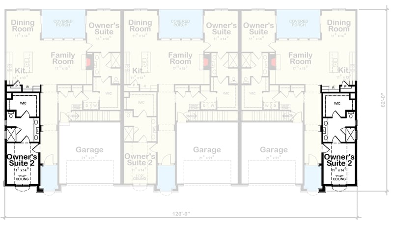 Plan 42511DB: 3-Family House Plan With Private Covered Porches - Floor Plan - Optional Owner Suite - French Country, Traditional