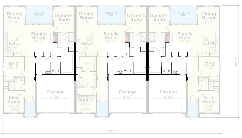 Plan 42511DB: 3-Family House Plan With Private Covered Porches - Floor Plan - Main Level - Slab/Crawl Option - French Country, Traditional
