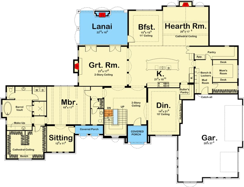 Plan 62711DJ: House Plan With European Styling and 2-Story Great Room - Floor Plan - Main Level - European, Mediterranean