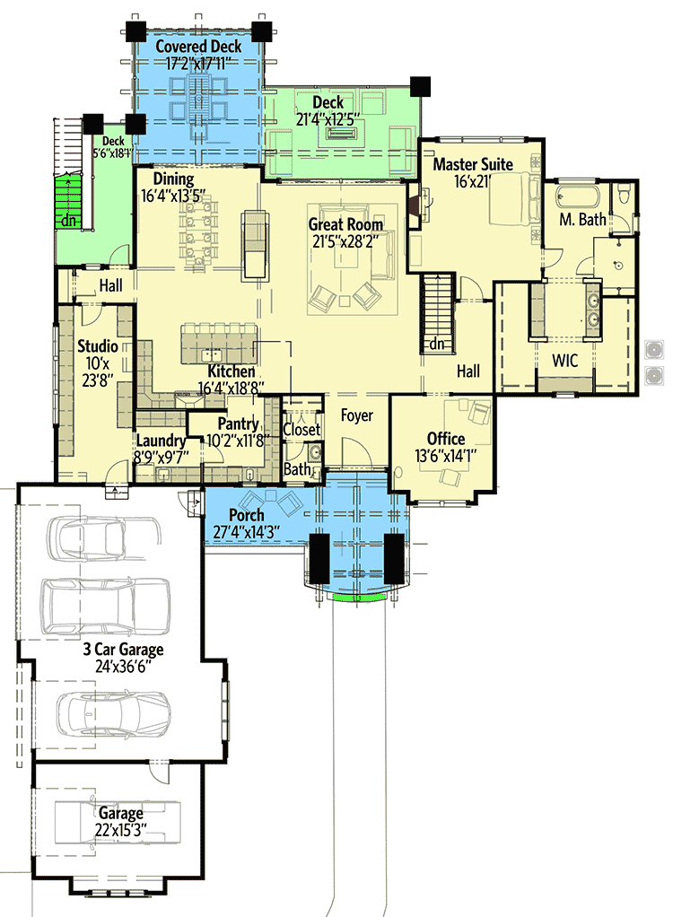 Plan 64444SC: Picturesque Farmhouse with Finished Lower Level - Floor Plan - Main Level - Craftsman, Farmhouse