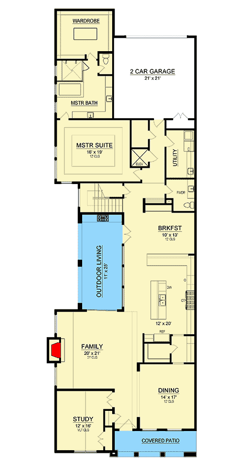 Plan 36546TX: Contemporary House Plan With Elevator For The Narrow Lot - Floor Plan - Main Level - Contemporary, Southern