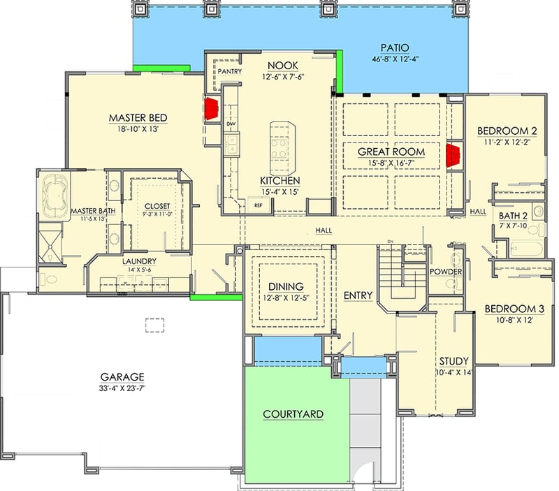 Plan 64445SC: One House Plan - Your Choice of Exteriors - Floor Plan - Main Level - Craftsman, European, French Country, Traditional
