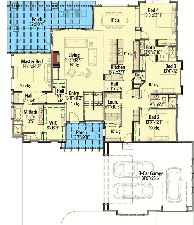 Plan 64447SC: 4 Bed Modern Prairie with Unique 3-Car Garage - Floor Plan - Main Level - Modern, Northwest, Prairie