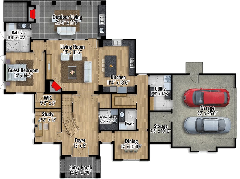 Plan 430025LY: Exciting Mediterranean House Plan with Upper Terrace Deck - Floor Plan - Main Level - Florida-Style, Mediterranean