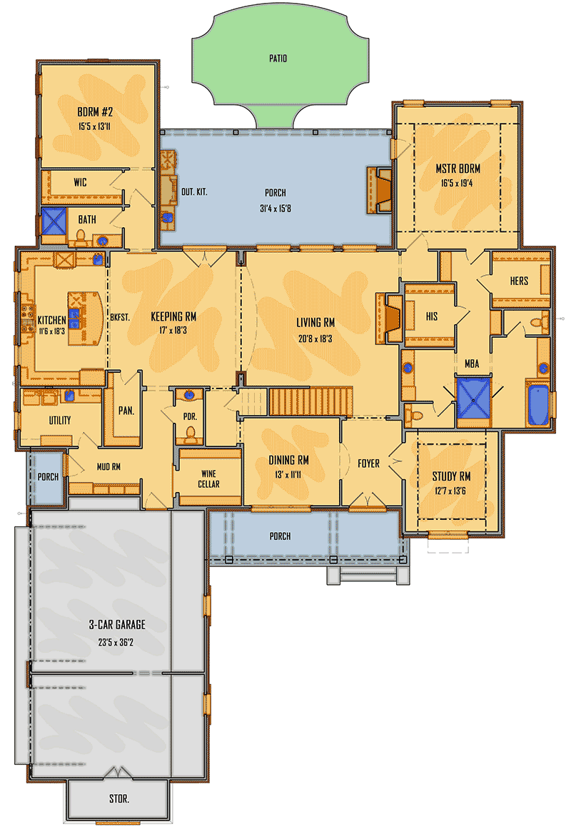 Plan 510017WDY: 4-Bed Designer's Dream Home Plan - 4459 Sq Ft - Floor Plan - Main Level - Acadian, European, French Country, Louisiana-Style, Southern