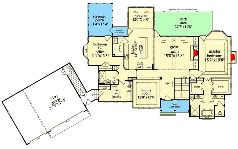 Plan 29891RL: Country Craftsman With Studio Apartment Above Angled Garage - Floor Plan - Main Level - Country, Craftsman, Mountain, Ranch