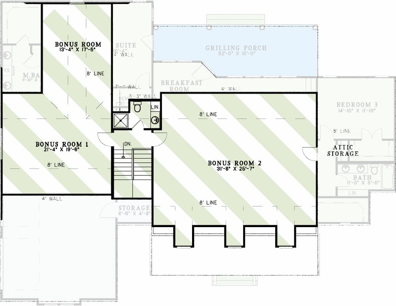 Plan 60703ND: Country Classic With Two Bonus Rooms Upstairs - 2245 Sq Ft - Floor Plan - 2nd Floor - Country, Farmhouse, Southern, Traditional