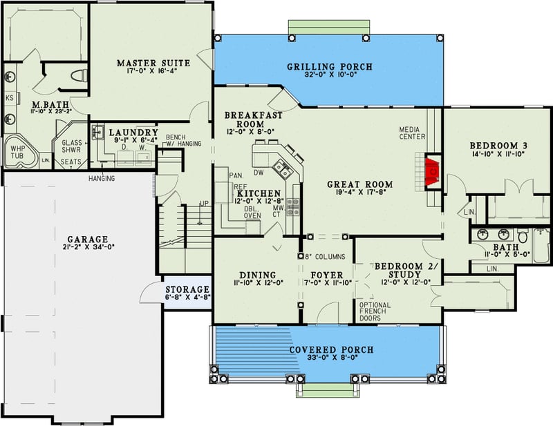 Plan 60703ND: Country Classic With Two Bonus Rooms Upstairs - 2245 Sq Ft - Floor Plan - Main Level - Country, Farmhouse, Southern, Traditional