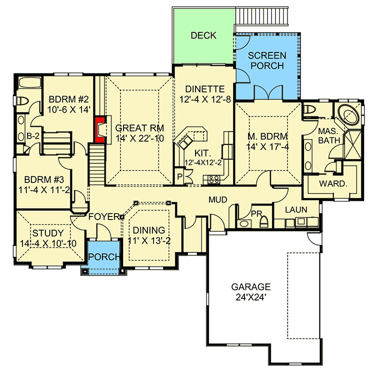 Plan 770006CED: Lovely Ranch House Plan with Stone Accents - Floor Plan - Main Level - Ranch, Traditional