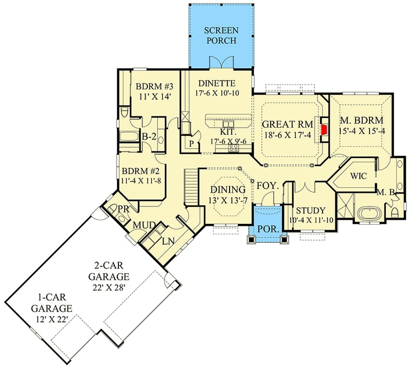 Plan 770008CED: Angled Craftsman with Screened Porch - Floor Plan - Main Level - Craftsman, Northwest, Traditional