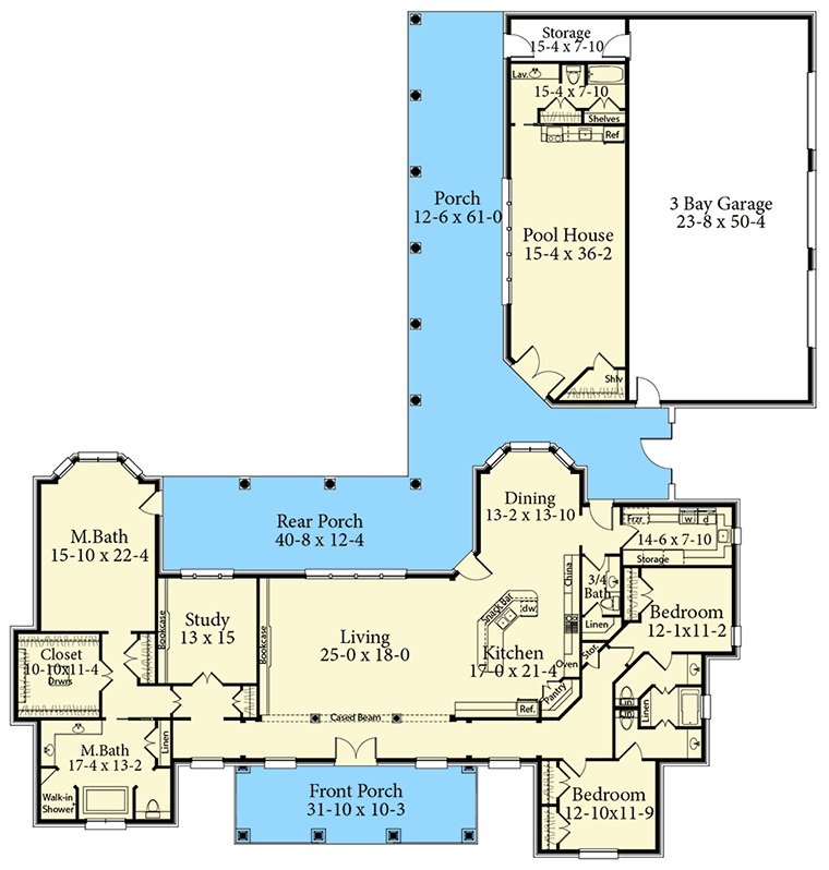 Plan 62142V: Southern Country Ranch Home Plan With Poolhouse - Floor Plan - Main Level - Country, Ranch, Southern, Traditional