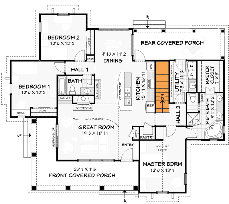 Plan 28919JJ: Country Farmhouse Plan With Detached Garage - Floor Plan - Basement Stairs - Country, Farmhouse, Modern Farmhouse, New American