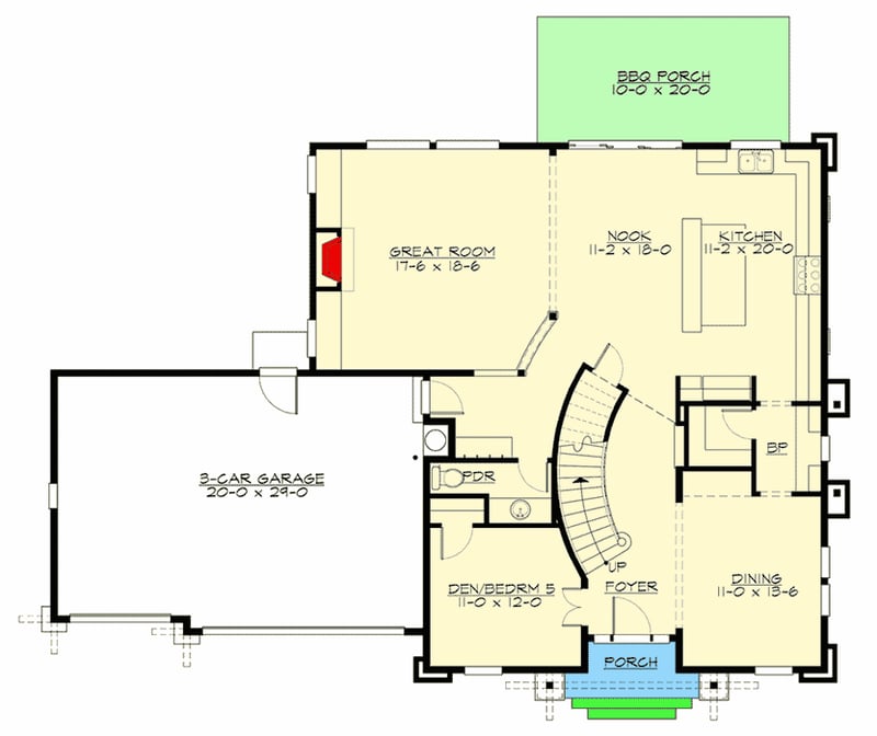 Plan 23750JD: Prairie Style House Plan with Five Bedrooms and Bonus Room - Floor Plan - Main Level - Northwest, Prairie