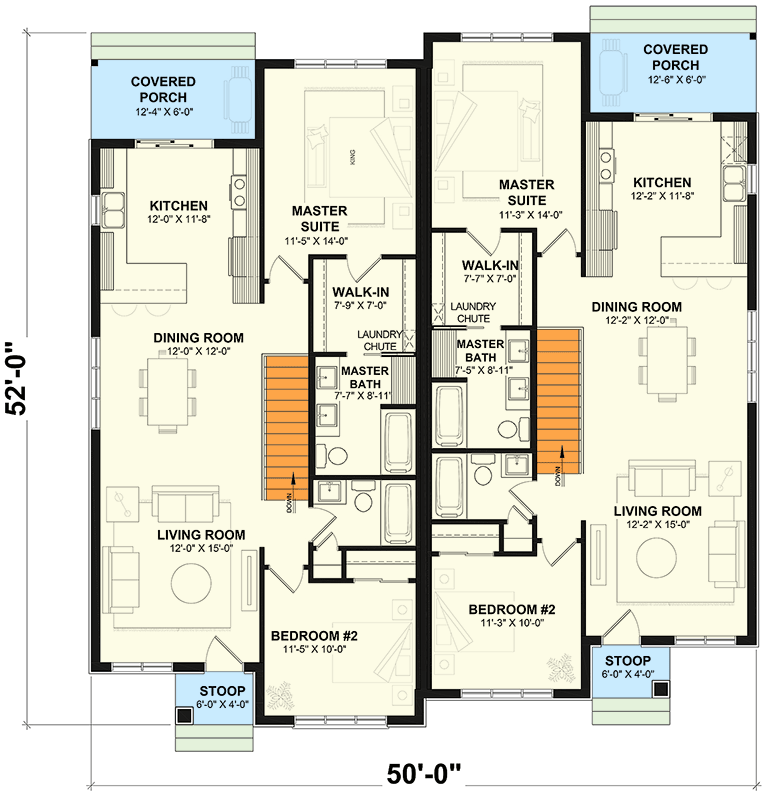 Plan 22484DR: Modern Ranch Duplex with Matching 2-Bed Units - 1127 Sq Ft Each - 2 Beds and 2 Baths - Floor Plan - Basement Stairs Location - Traditional