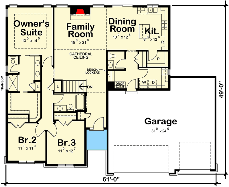 Plan 42513DB: 3-Bed House Plan With Vaulted Family Room - Floor Plan - Main Level - Craftsman, Traditional