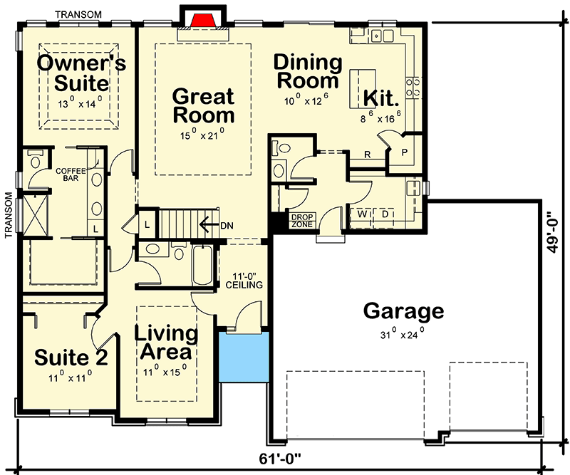 Plan 42516DB: Affordable House Plan With Open Living Area And Flex Room - Floor Plan - Main Level - Traditional