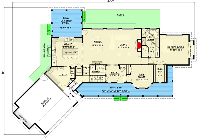 Plan 28921JJ: Master-On-Main Modern Farmhouse with Angled Garage and Bonus Room - 2654 Sq Ft - Floor Plan - Main Level - Country, Farmhouse, New American, Traditional