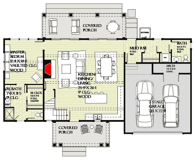 Plan 970056VC: Shingle Style House Plan with Game Room and Bunk Room - Floor Plan - Main Level - New American, Shingle, Traditional