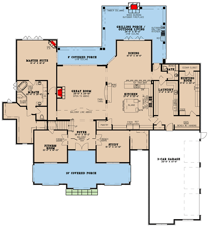 Plan 70579MK: Stunning 4-Bed House Plan with Upstairs Balcony - 6001 Sq Ft - Floor Plan - Main Level - European, French Country