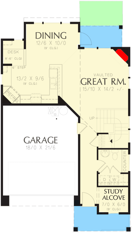 Plan 69689AM: Vaulted Master in 4-Bed Narrow Lot Traditional House Plan - Floor Plan - Main Level - Cottage, Country, Traditional