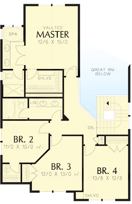 Plan 69689AM: Vaulted Master in 4-Bed Narrow Lot Traditional House Plan - Floor Plan - 2nd Floor - Cottage, Country, Traditional