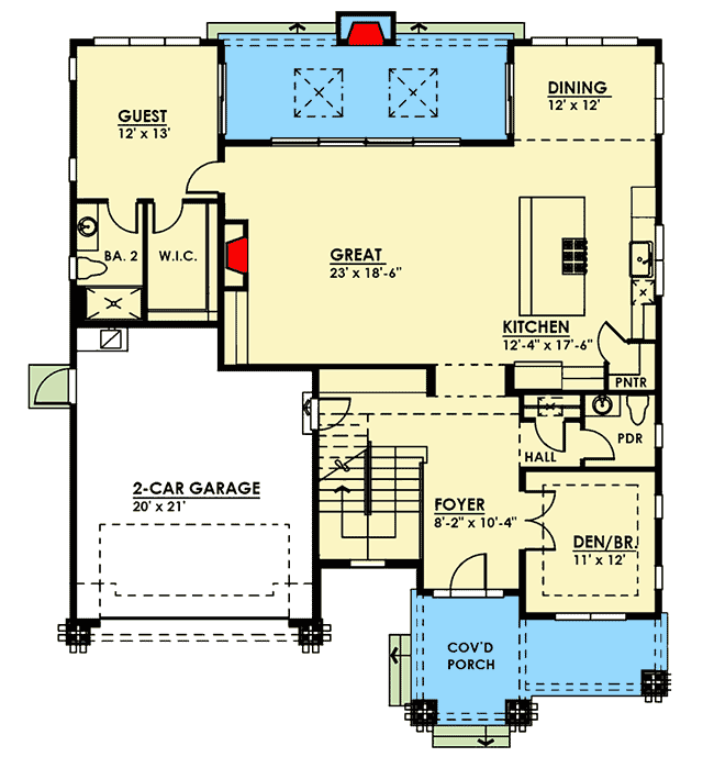 Plan 666011RAF: Prairie-Style House Plan with First Floor Guest Suite - Floor Plan - Main Level - Northwest, Prairie