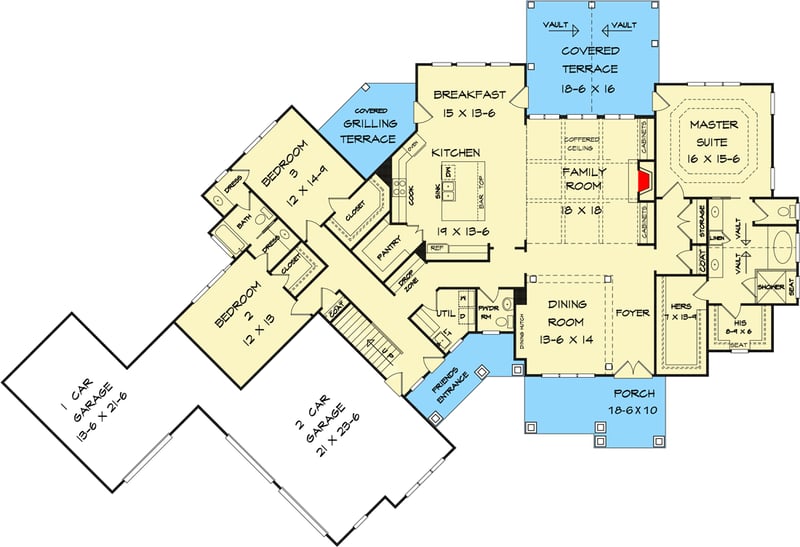 Plan 360008DK: Craftsman Ranch Home Plan with 3-Car Garage - Floor Plan - Main Level - Country, Craftsman, New American