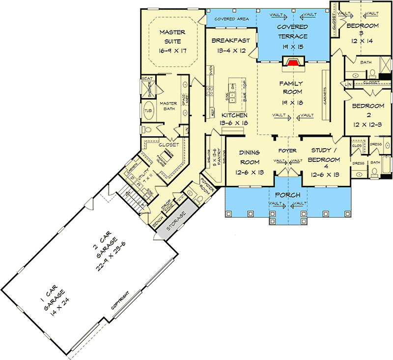 Plan 360011DK: Country Craftsman Home Plan with 3-Car Angled Garage - Floor Plan - Main Level - Country