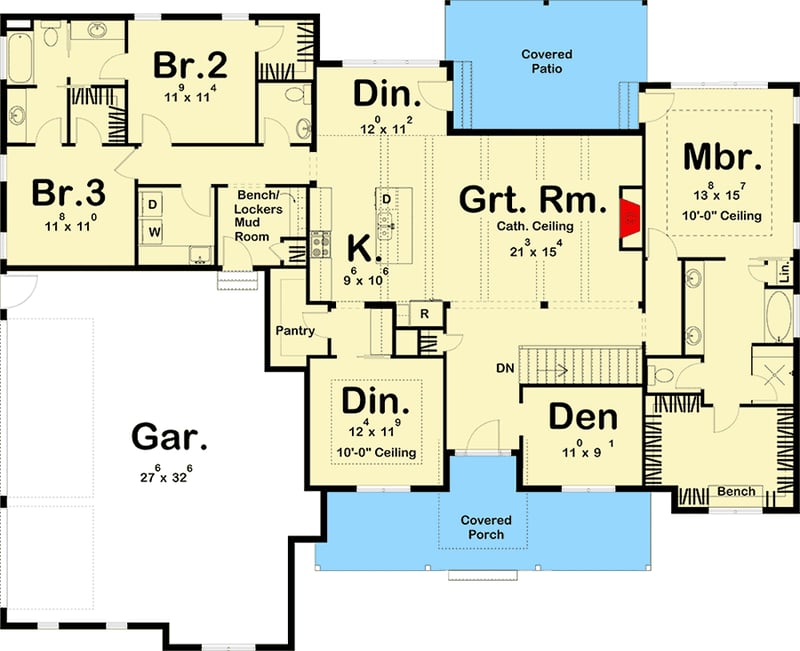 Plan 62735DJ: 3-Bed Modern Farmhouse Plan with Cathedral Ceilings - Floor Plan - Main Level - Country, Farmhouse