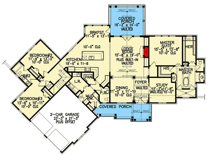 Plan 25640GE: 3-Bed Modern Craftsman House Plan with Angled Garage - Floor Plan - Main Level - Country, Craftsman, Ranch