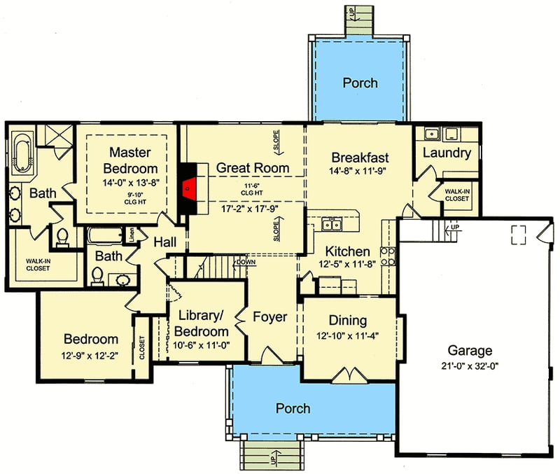 Plan 39266ST: 3 Bed House Plan with Optional Library - Floor Plan - Main Level - Country, Traditional