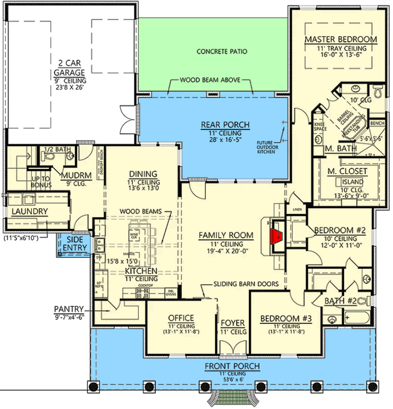 Plan 56429SM: Charming 3-Bed Acadian Home Plan with Optional Bonus Room  - Floor Plan - Main Level - Acadian, Louisiana-Style, Southern
