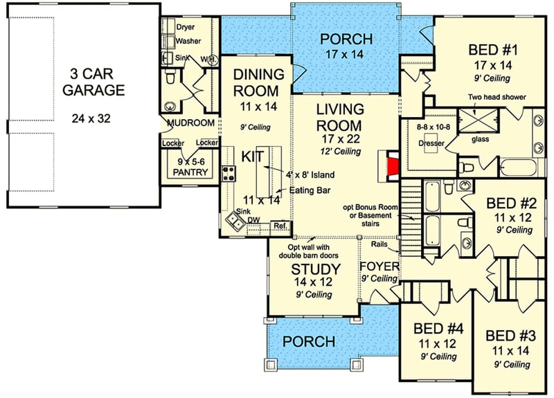 Plan 52286WM: Country Home Plan with Bonus room and Split Bedroom Layout - Floor Plan - Main Level - Country, Farmhouse, Ranch, Traditional