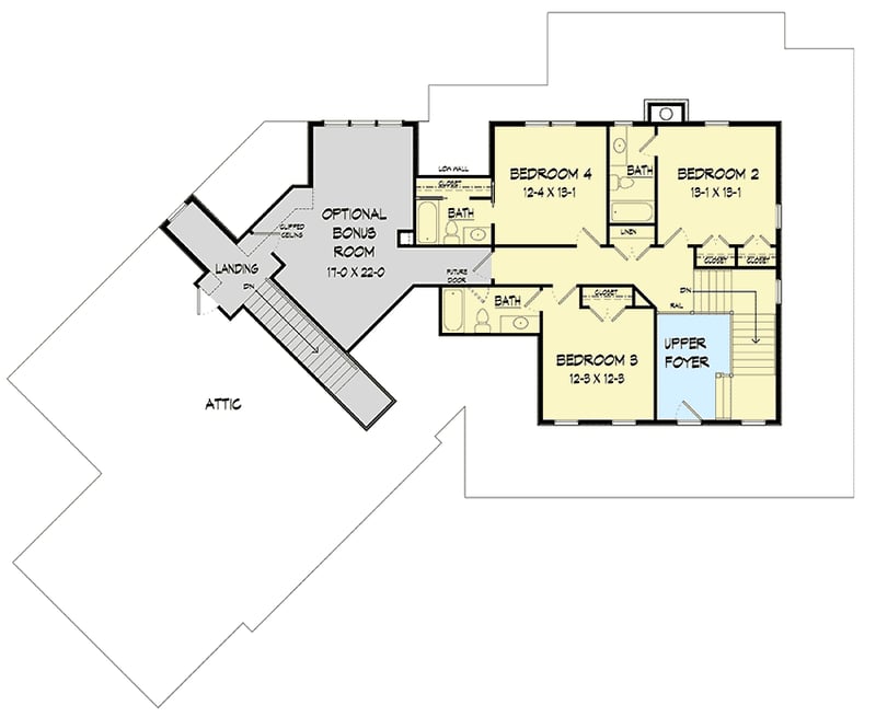 Plan 360017DK: 4-Bed Farmhouse Home Plan with Wraparound Porch and Bonus Room - Floor Plan - 2nd Floor - Country, Farmhouse, Traditional