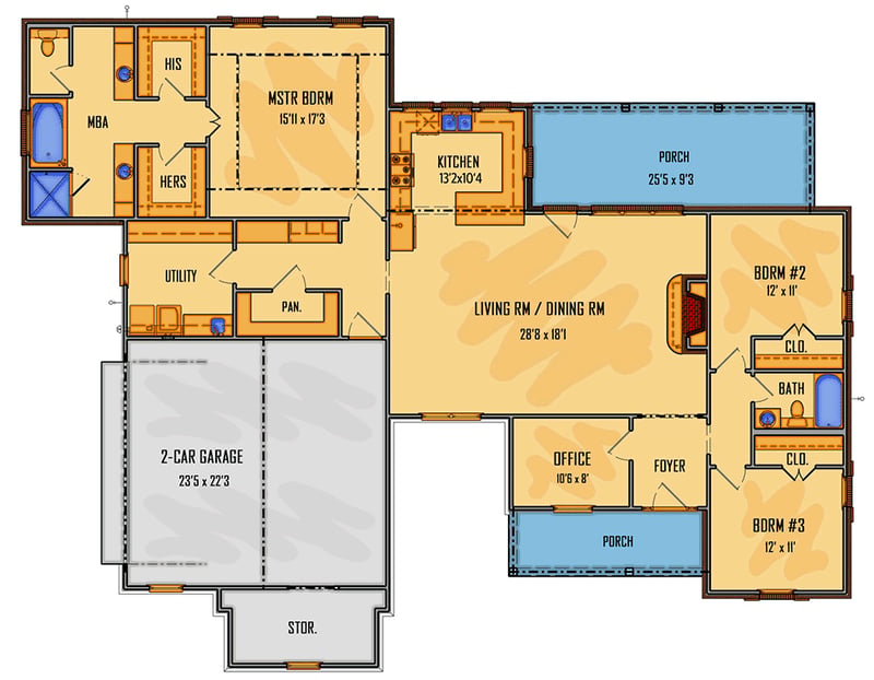 Plan 510043WDY: Single-Story French Country Farmhouse Plan with Private Office - Floor Plan - Main Level - Acadian, Coastal, Farmhouse, French Country, Louisiana-Style, New American