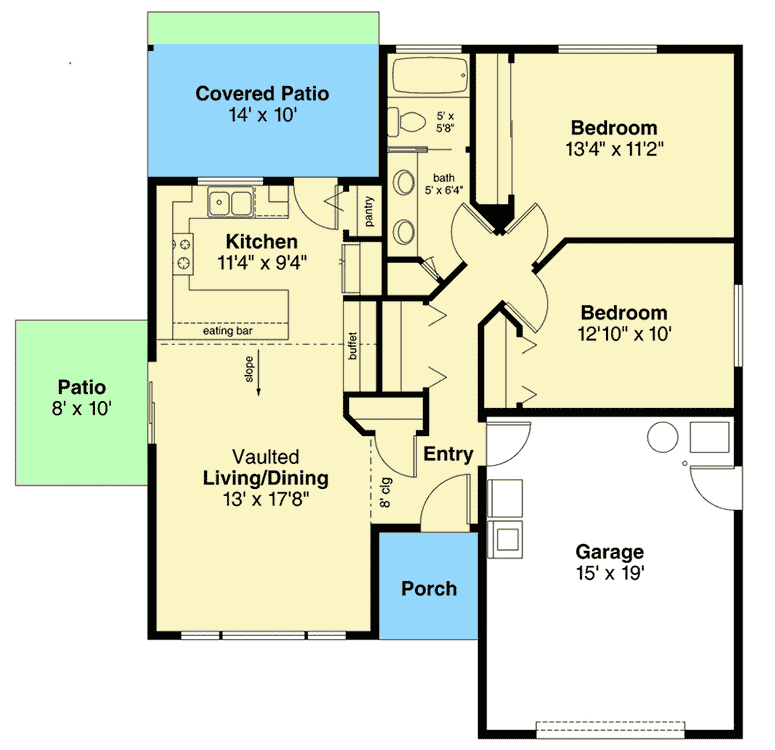 Plan 72916DA: Small 2-Bed House Plan with Vaulted Living Area - Floor Plan - Main Level - Cottage, Country, Northwest