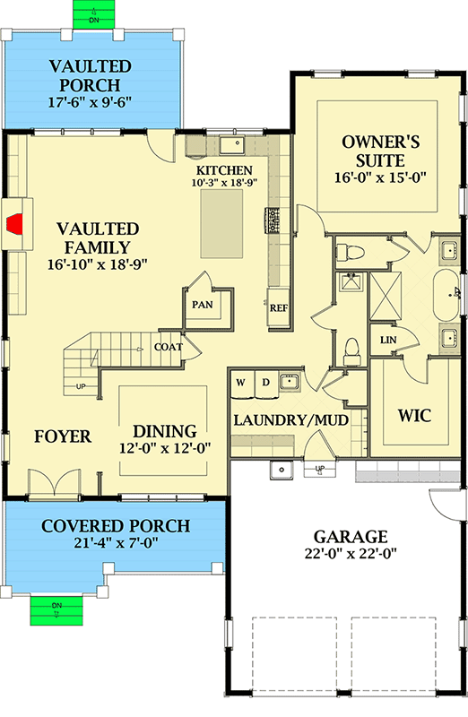 Plan 46358LA: 3-Bed New American Cottage Plan with Main-Floor Master - Floor Plan - Main Level - Country, Farmhouse, New American, Southern, Traditional