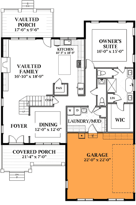 Plan 46358LA: 3-Bed New American Cottage Plan with Main-Floor Master - Floor Plan - Side Car Garage Option - Country, Farmhouse, New American, Southern, Traditional