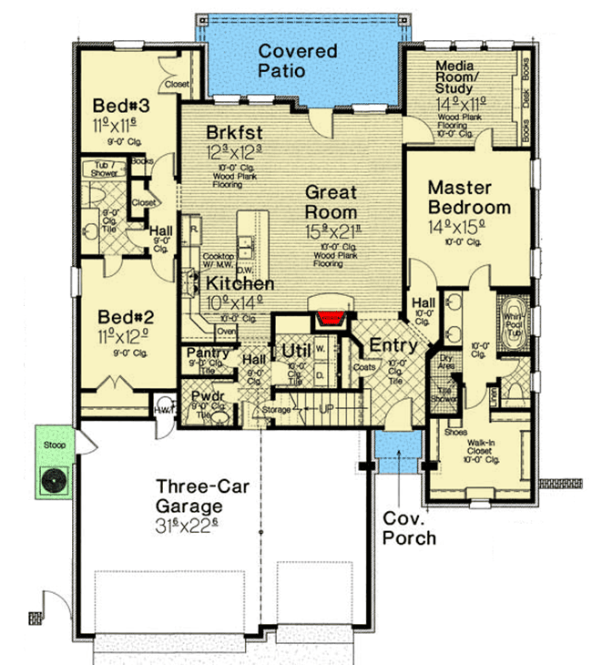 Plan 48580FM: Striking Split-Bed Home Plan with Media Room  - Floor Plan - Main Level - European, French Country