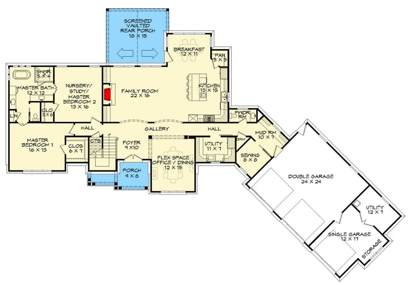Plan 68556VR: Spacious 4-Bedroom Craftsman Home Plan with 3-Car Garage - Floor Plan - Main Level - Craftsman, Traditional
